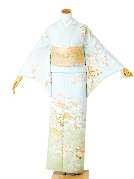 おすすめの訪問着：藍白(あいじろ)色に波と扇の訪問着(袷)