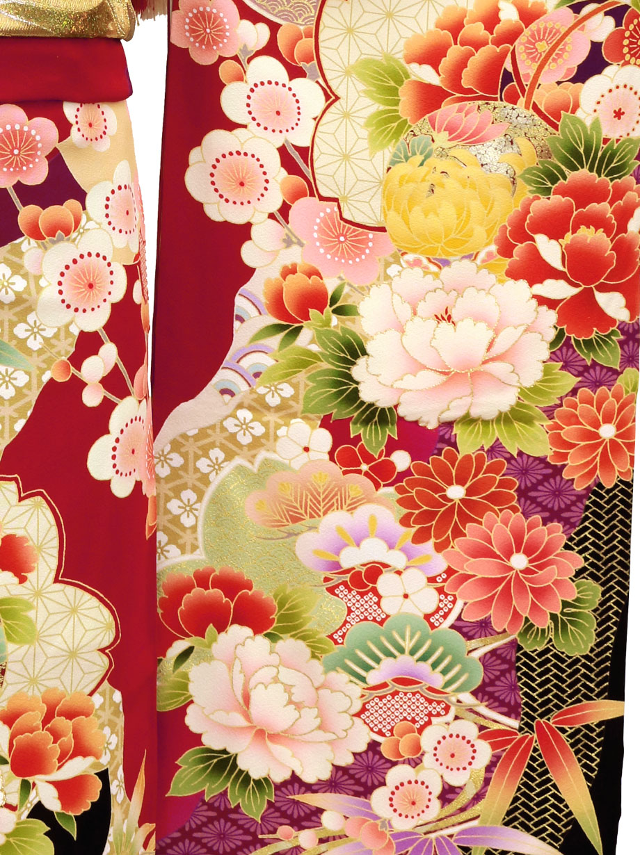 赤地に桜と松竹梅の振袖／標準サイズ | 宅配着物レンタルの京都かしきもの