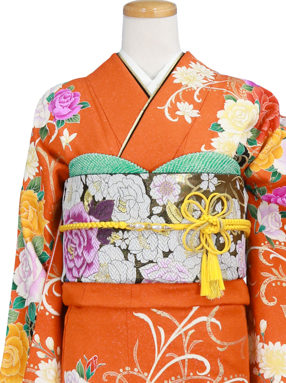 オレンジ色に薔薇の振袖／標準サイズ | 宅配着物レンタルの京都かしきもの