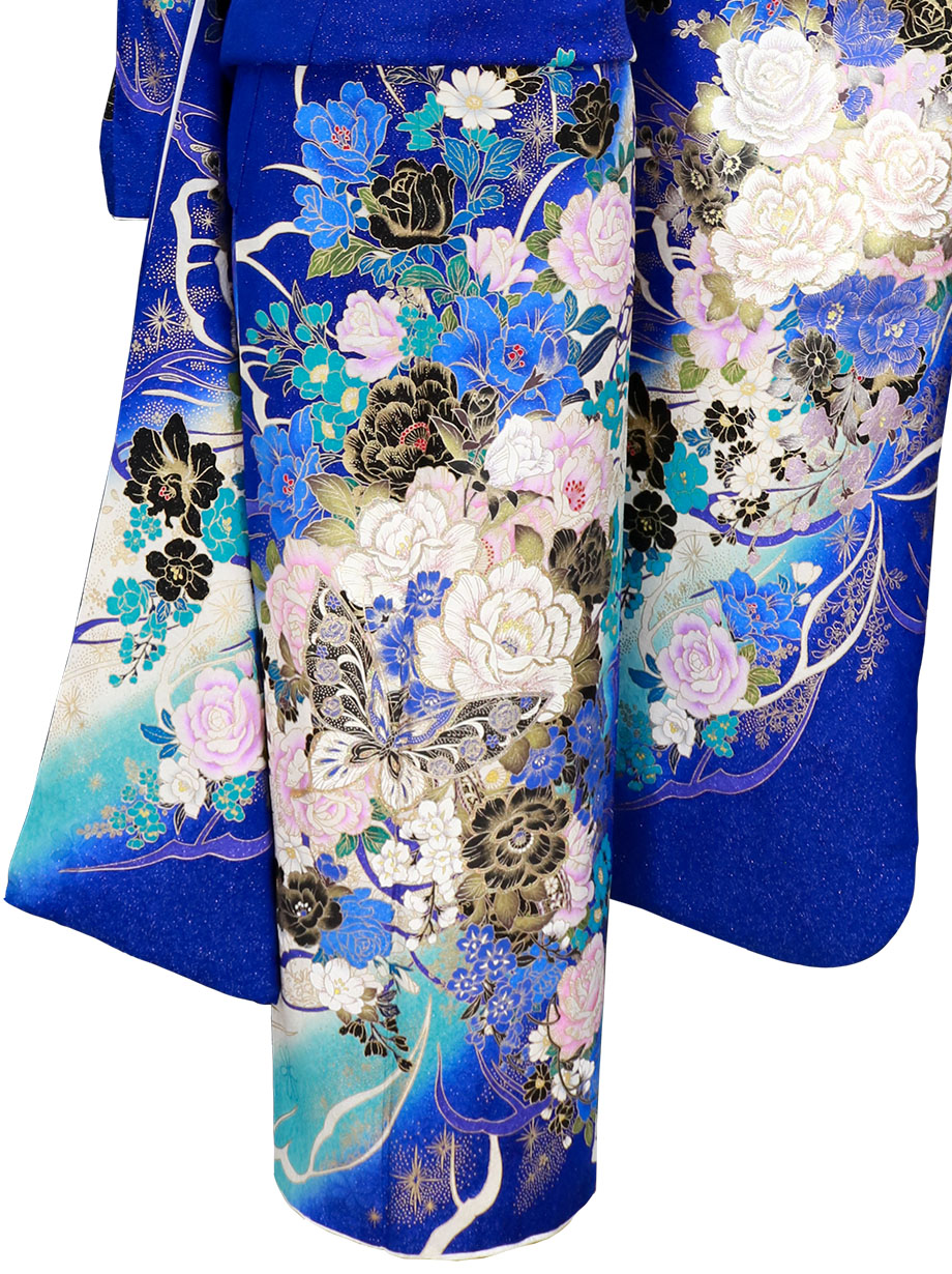 青地に薔薇と蝶の振袖／標準サイズ | 宅配着物レンタルの京都か