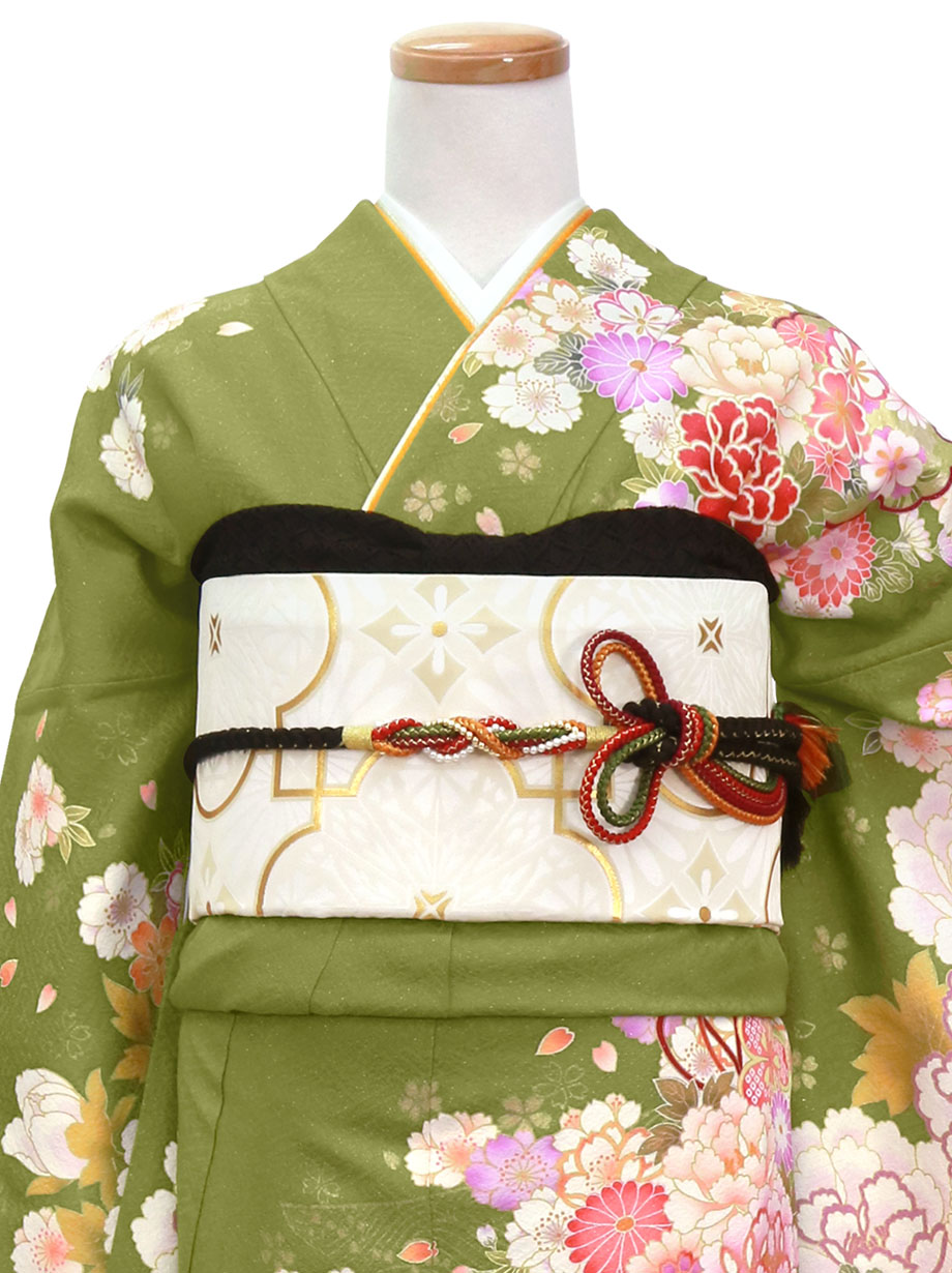 抹茶色地に雪輪と花の振袖／標準サイズ | 宅配着物レンタルの京都かし
