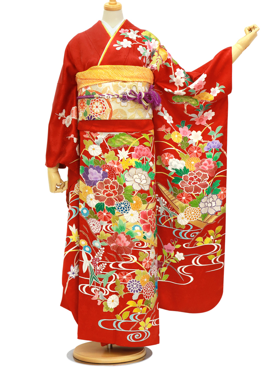 赤色に花筏と百花の振袖 標準サイズ 宅配着物レンタルの京都かしきもの