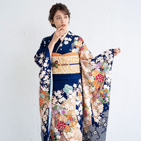 紺色に枝垂桜の振袖／トールサイズ