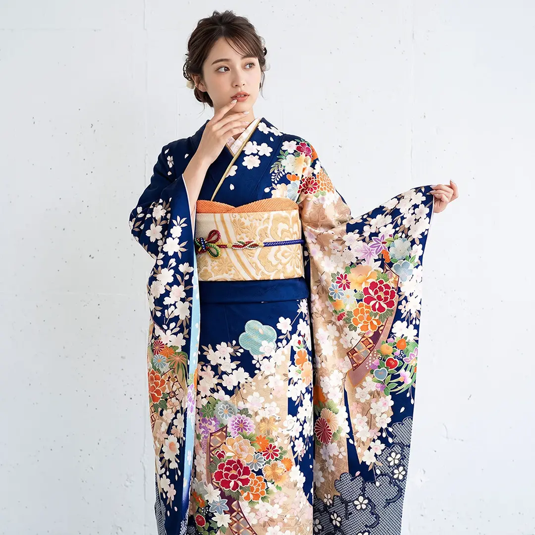 紺色に枝垂桜の振袖／トールサイズ | 宅配着物レンタルの京都かしきもの
