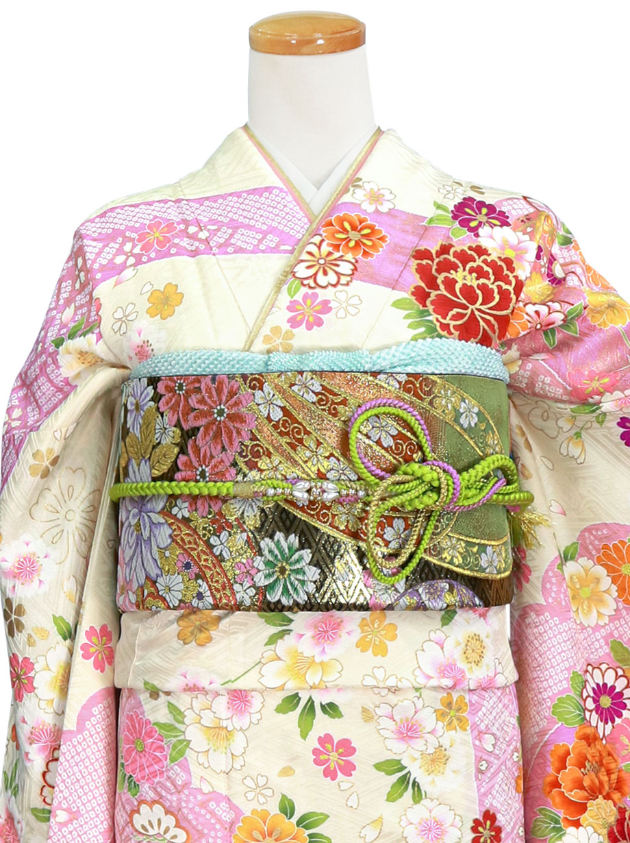 白地に染め疋田と桜の振袖／標準サイズ