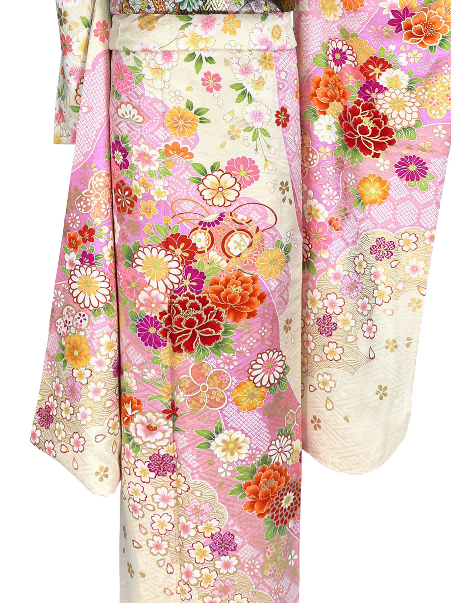 白地に染め疋田と桜の振袖／標準サイズ