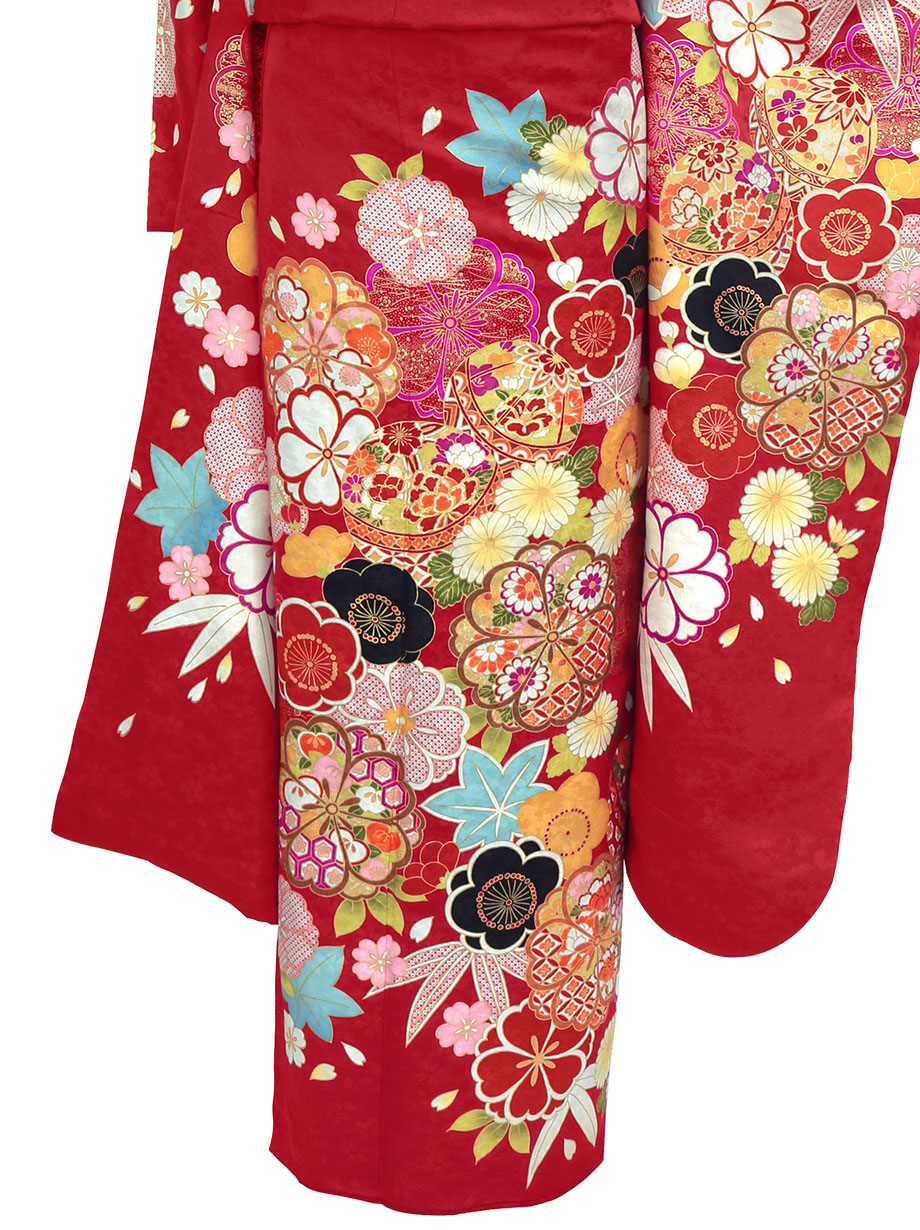 赤地に鞠と桜に梅の振袖／トールサイズ | 宅配着物レンタルの京都かし 