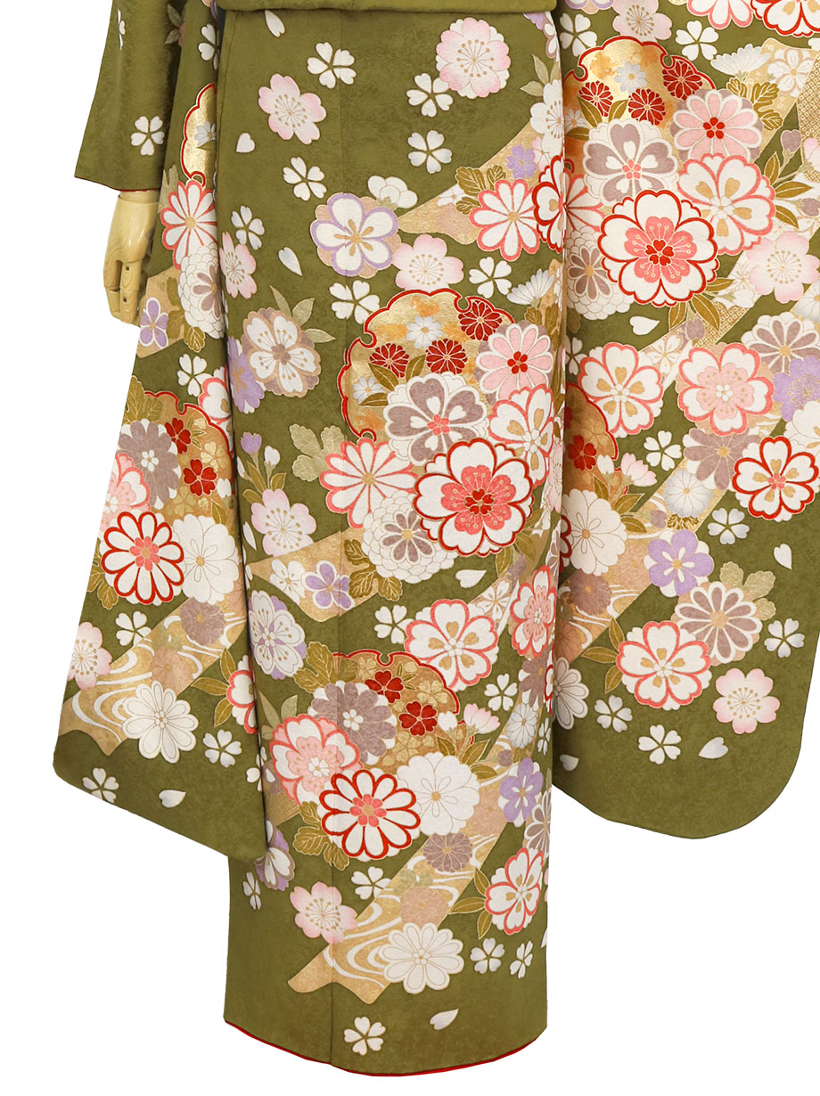 オリーブグリーン 花柄振袖 帯付き オリーブグリーン 花柄振袖 帯付き