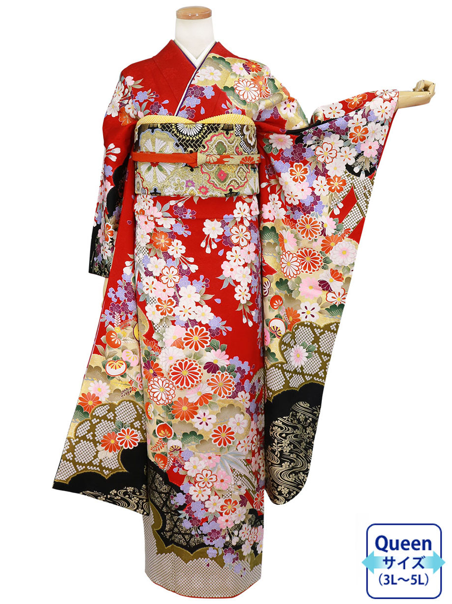 赤地に桜と染め疋田の振袖／Queenサイズ