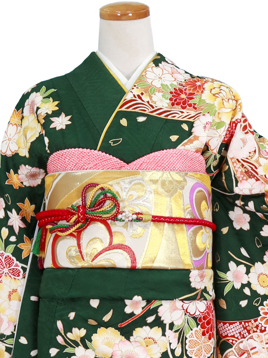 濃緑色に束ね熨斗と檜扇と鈴の振袖／小さめサイズ