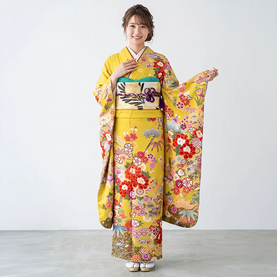 橘色に牡丹と宝尽くしと雲取りの振袖／小さめサイズ／着用イメージ