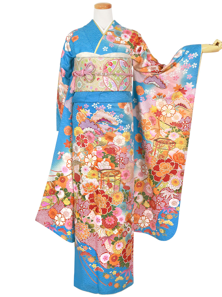 青地に花と貝桶の振袖／標準サイズ | 宅配着物レンタルの京都かしきもの