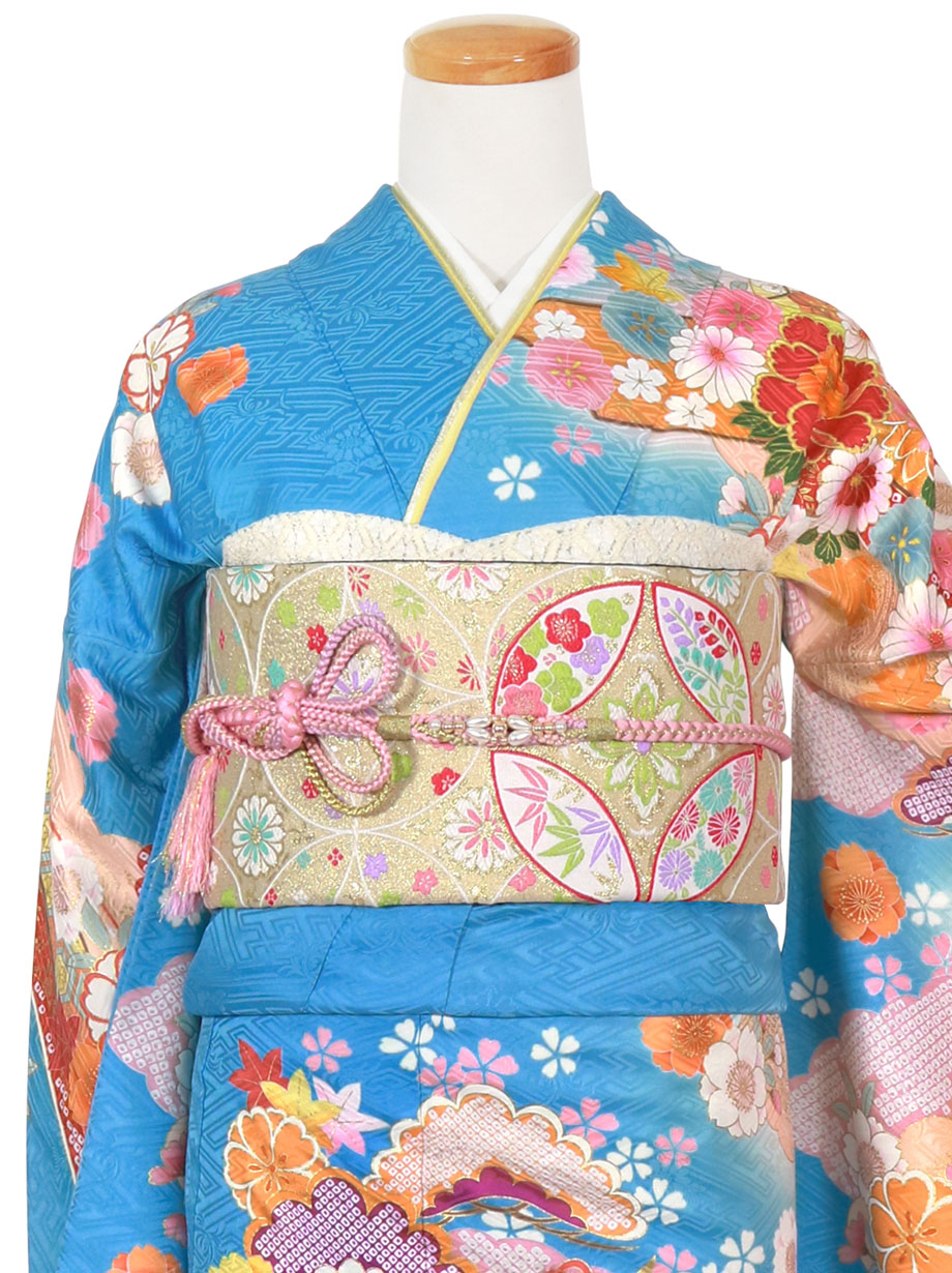 青地に花と貝桶の振袖／標準サイズ | 宅配着物レンタルの京都かしきもの