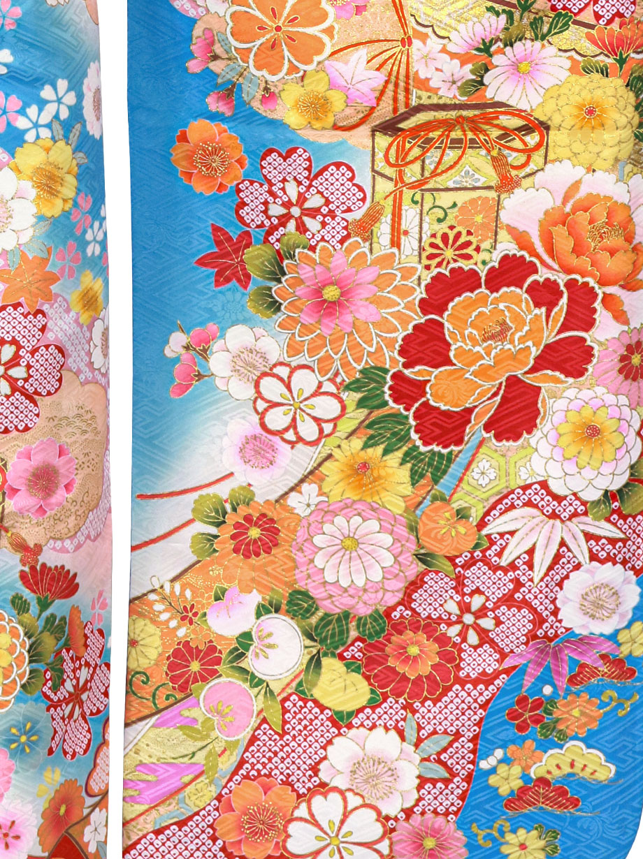 青地に花と貝桶の振袖／標準サイズ／柄詳細袖