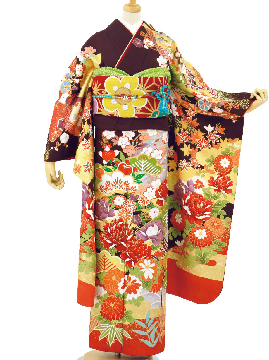 紫鳶 むらさきとび 地に四季花とヱ霞の振袖 標準サイズ 宅配着物レンタルの京都かしきもの