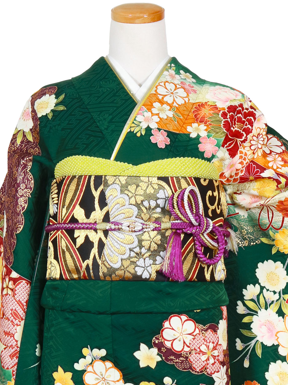 深緑地に花車の振袖／標準サイズ