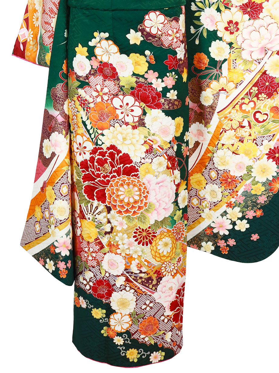 深緑地に花車の振袖／標準サイズ