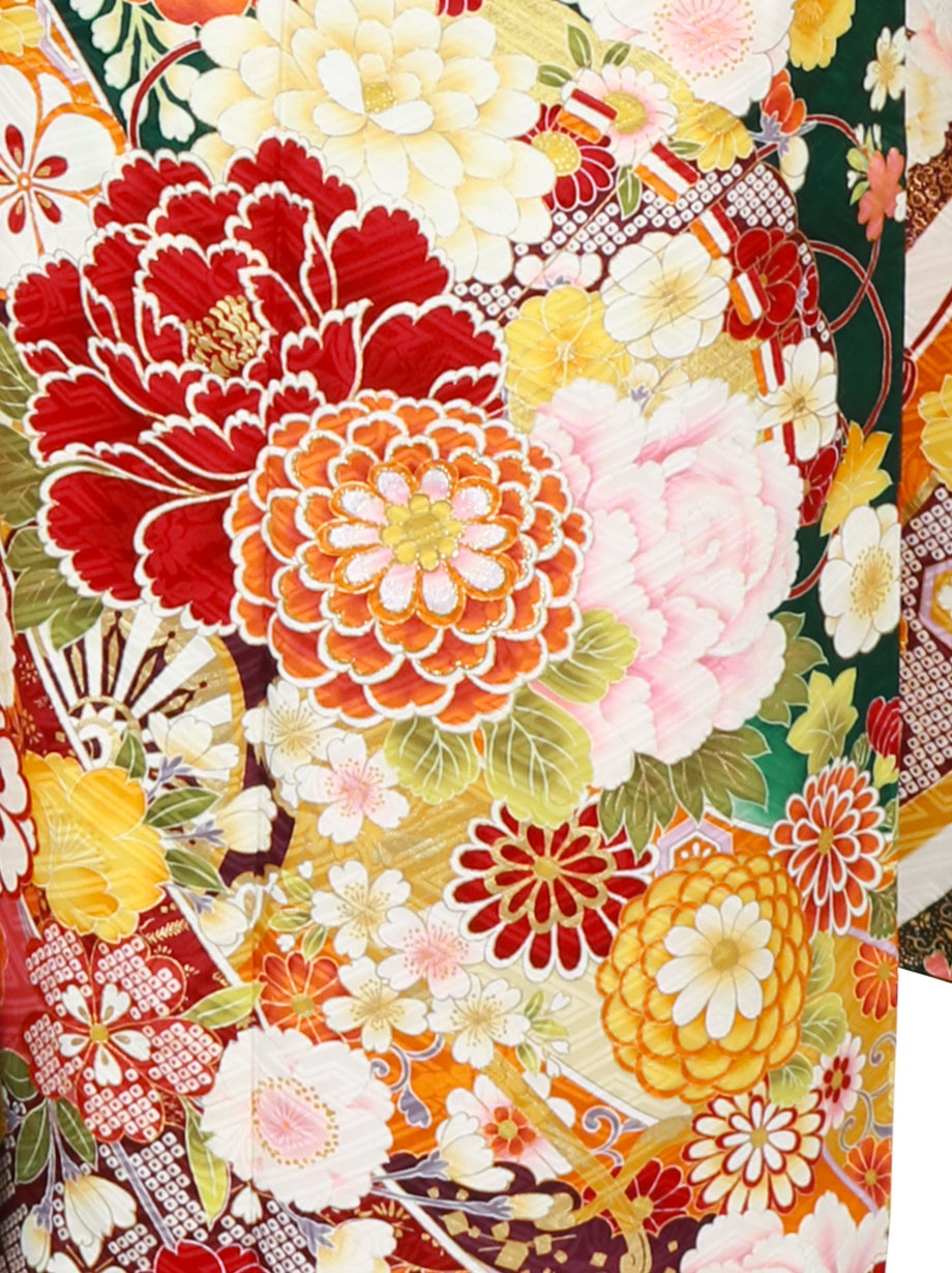 深緑地に花車の振袖／標準サイズ