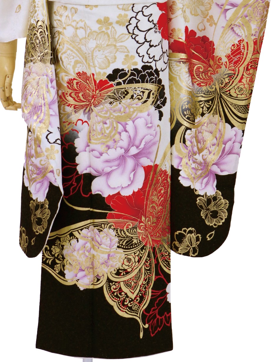 白地にバラと蝶の振袖／標準サイズ | 宅配着物レンタルの京都かしきもの
