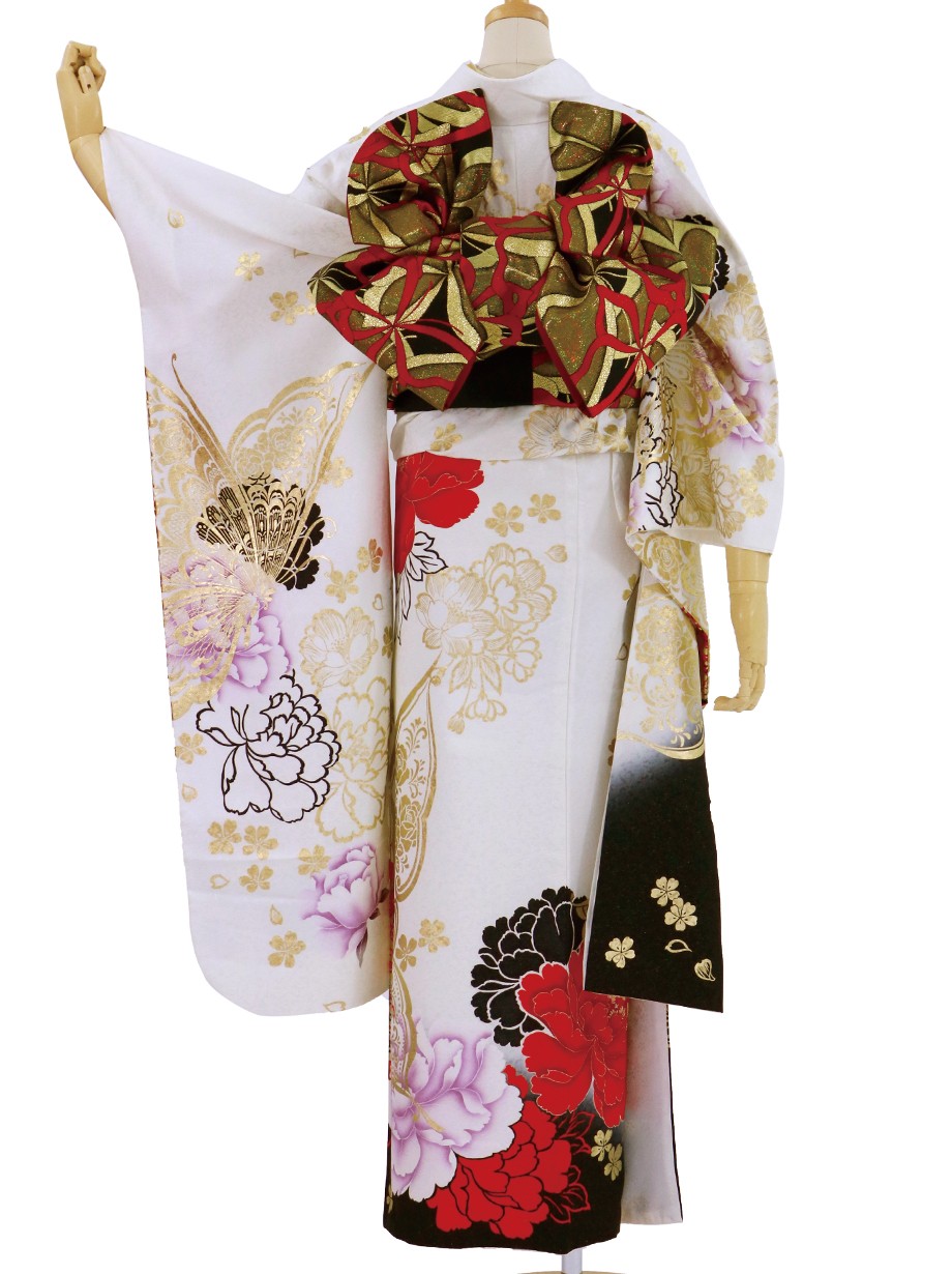 白地にバラと蝶の振袖／標準サイズ | 宅配着物レンタルの京都かしきもの