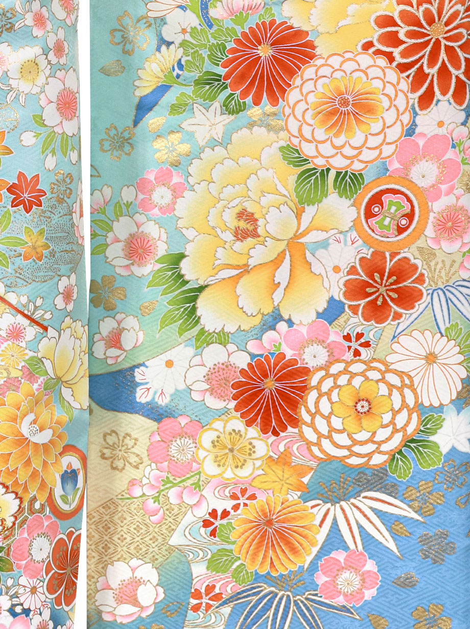 水色地に四季花と宝尽くしの振袖／標準サイズ