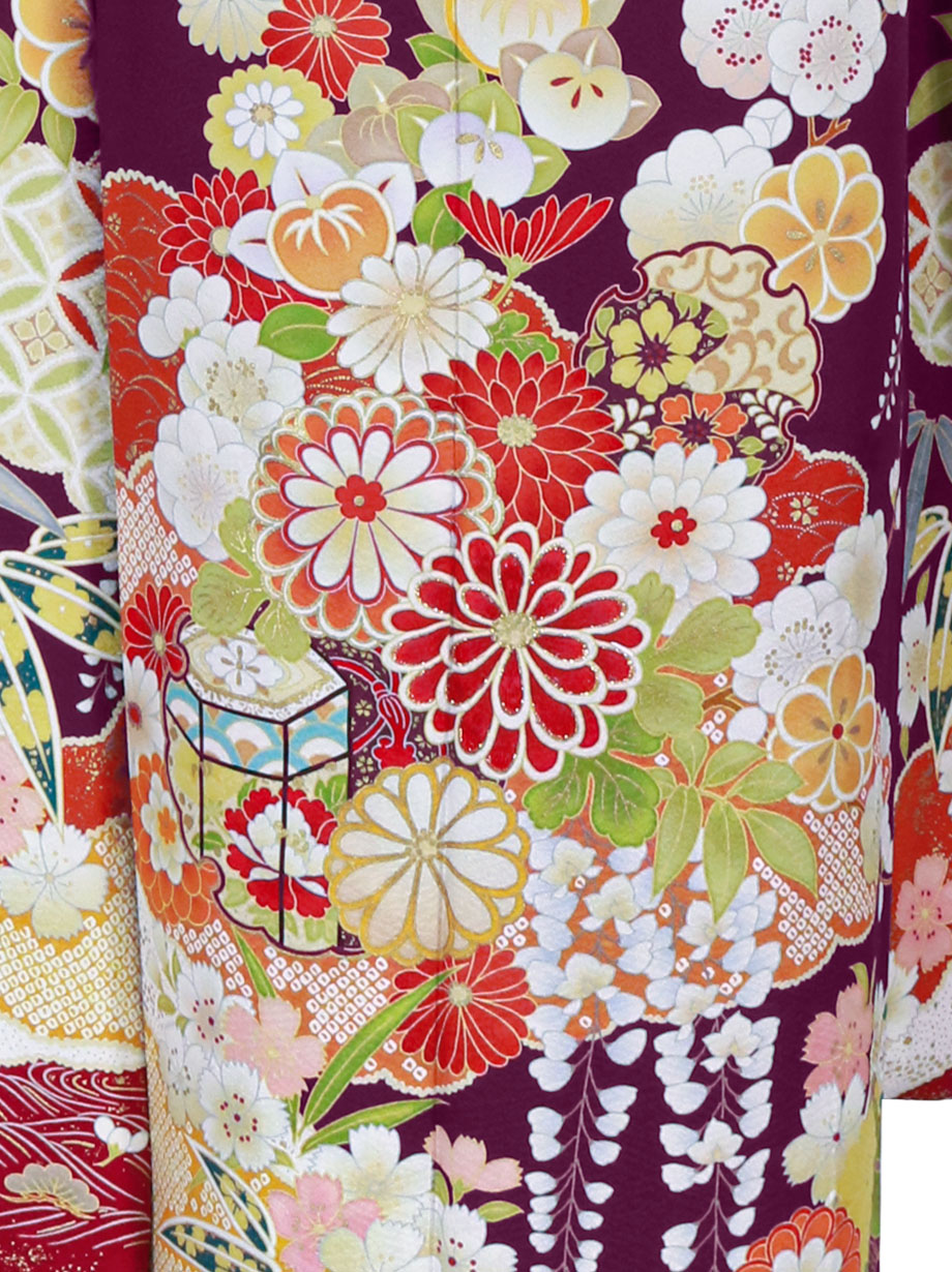 紫地に花と貝桶の振袖／標準サイズ