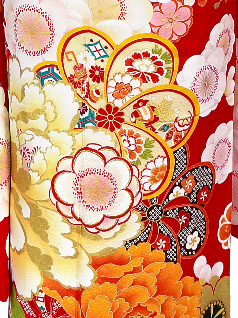 振袖　赤系　牡丹　松竹梅　ねじり梅　古典柄　正絹 絵羽柄 振袖6点セット 販売 購入「赤地に雲取りと鞠と牡丹」振袖