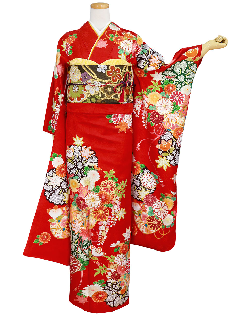 赤地に桜や橘の振袖／標準サイズ | 宅配着物レンタルの京都かしきもの