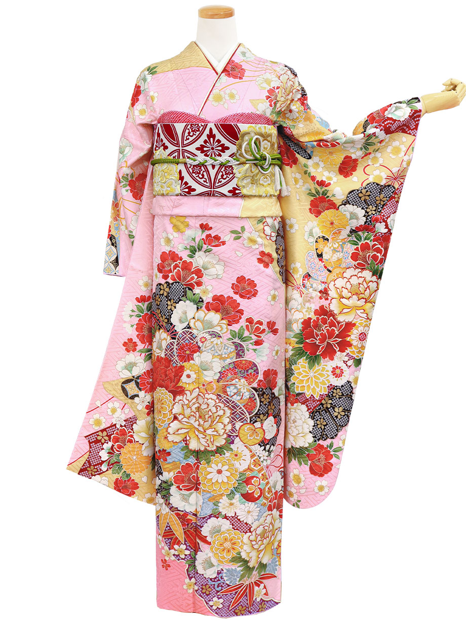 珊瑚色（さんごいろ）にねじり梅と牡丹の振袖／標準サイズ | 宅配着物