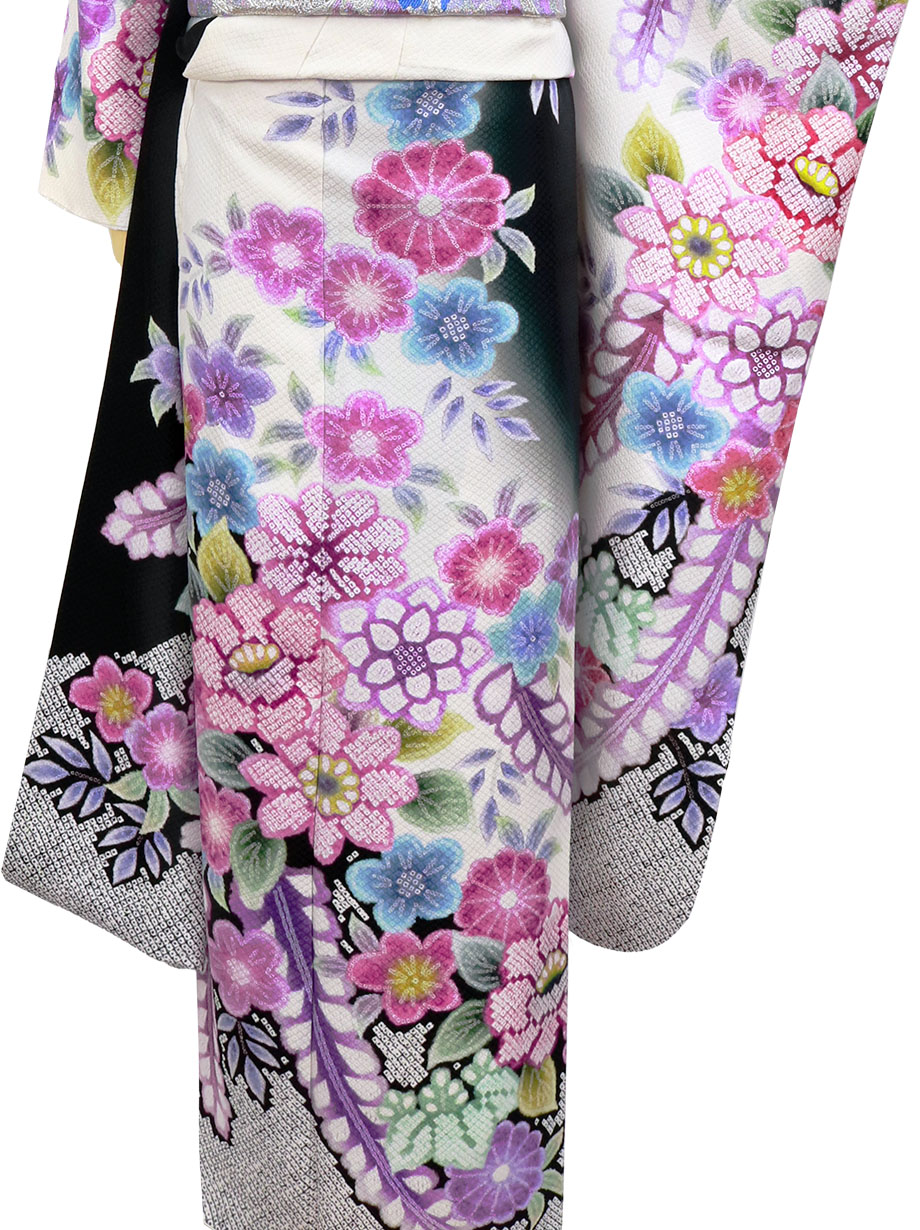 白地に辻が花調の振袖／小さめサイズ