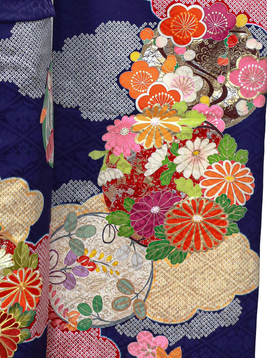 紺色に花丸紋の振袖／標準サイズ | 宅配着物レンタルの京都かし