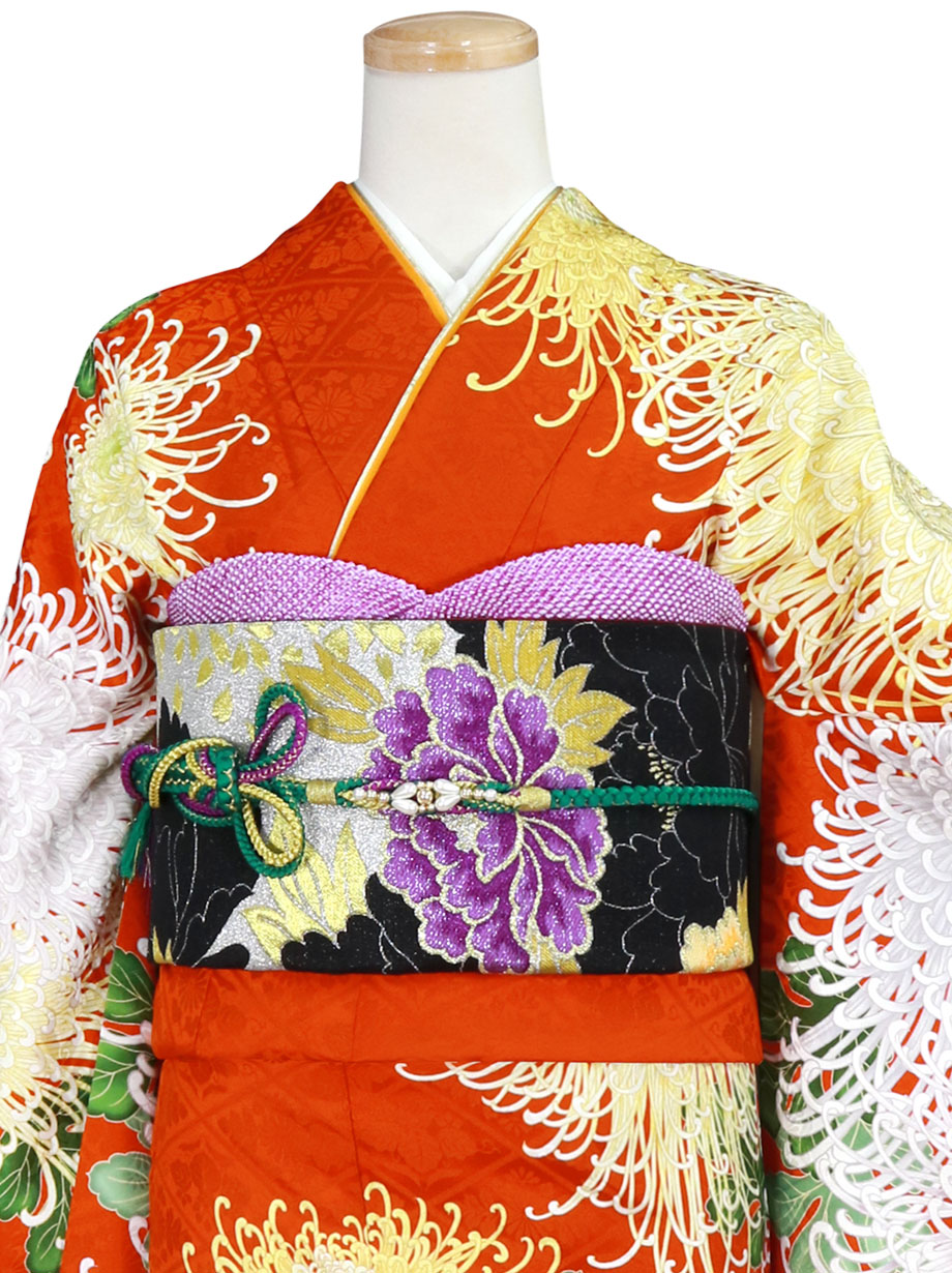 橙色に大輪の乱菊の振袖／標準サイズ | 宅配着物レンタルの京都かしきもの