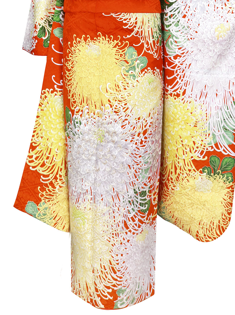 橙色に大輪の乱菊の振袖／標準サイズ | 宅配着物レンタルの京都かしきもの