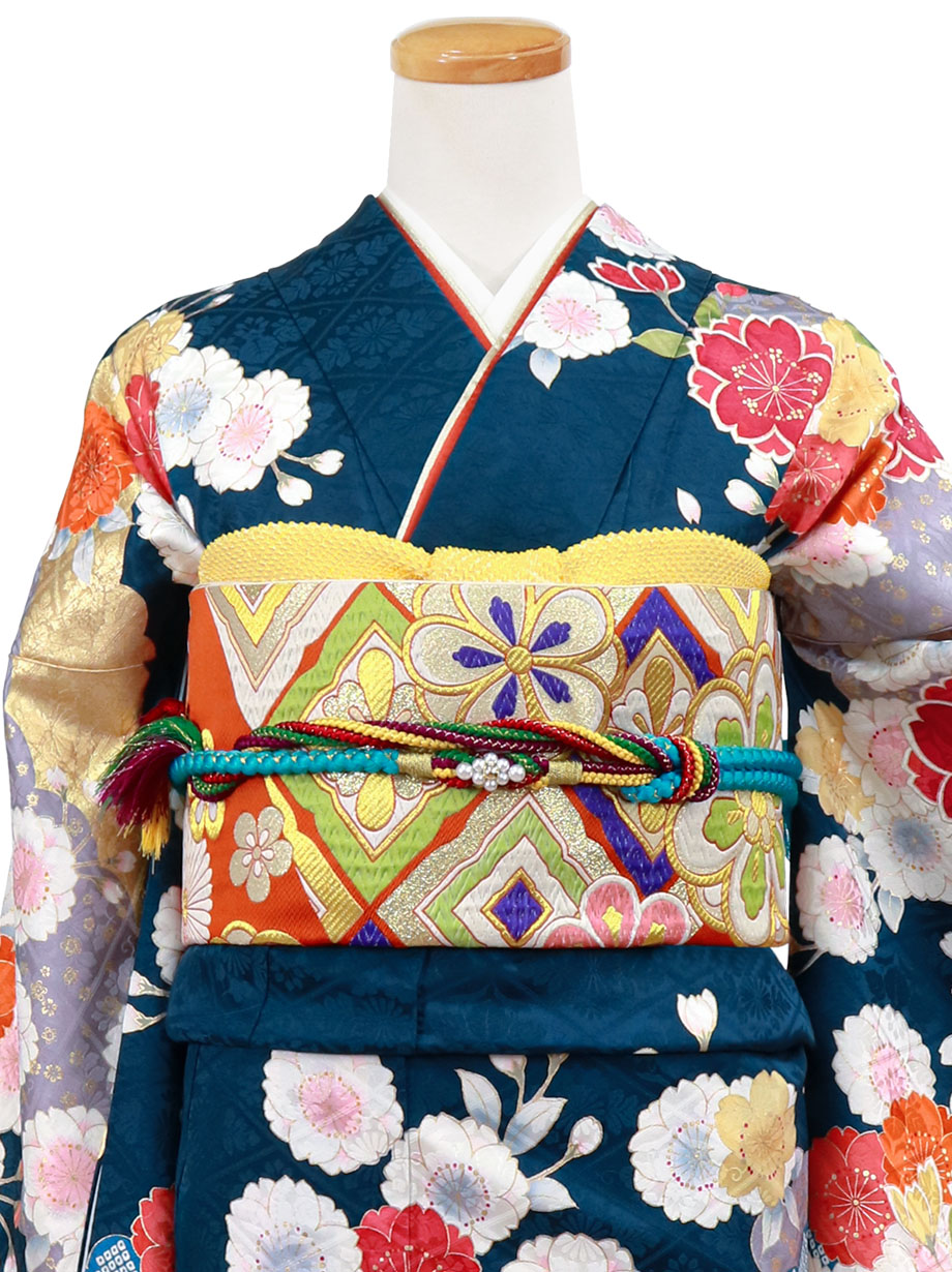 深藍（ふかあい）に八重桜と流水の振袖／標準サイズ | 宅配着物