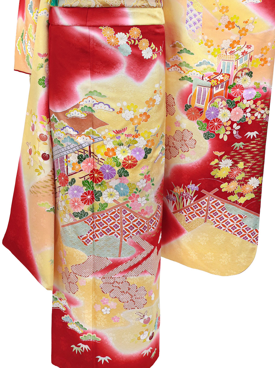 2917 赤色ぼかしの着物反物 葉と波模様4本　蝶と波模様1本　丹後ちりめん 白地に赤ぼかしの毬と牡丹柄振袖 | MK振袖スタイル | 振袖購入