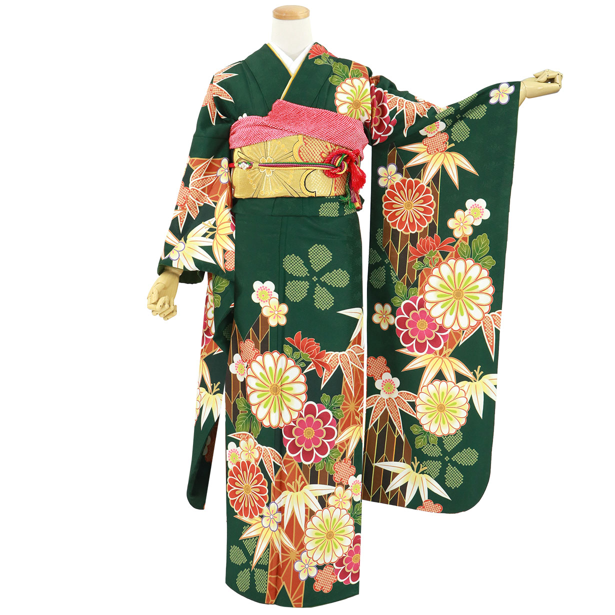緑地に菊と梅、矢羽の振袖（ポリエステル）／標準サイズ | 宅配着物