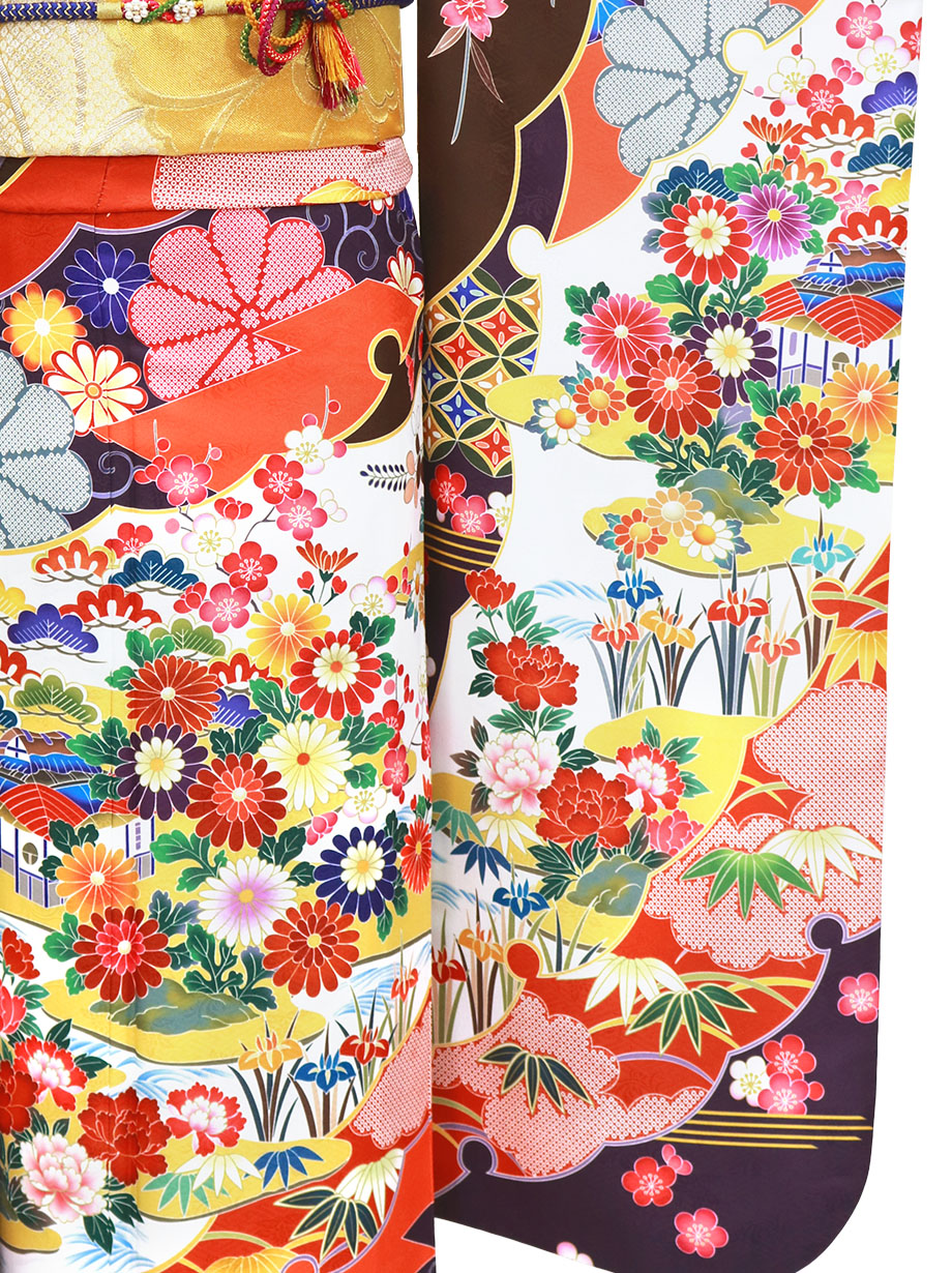 白と紺地に茶屋辻と百花の振袖（ポリエステル）／標準サイズ
