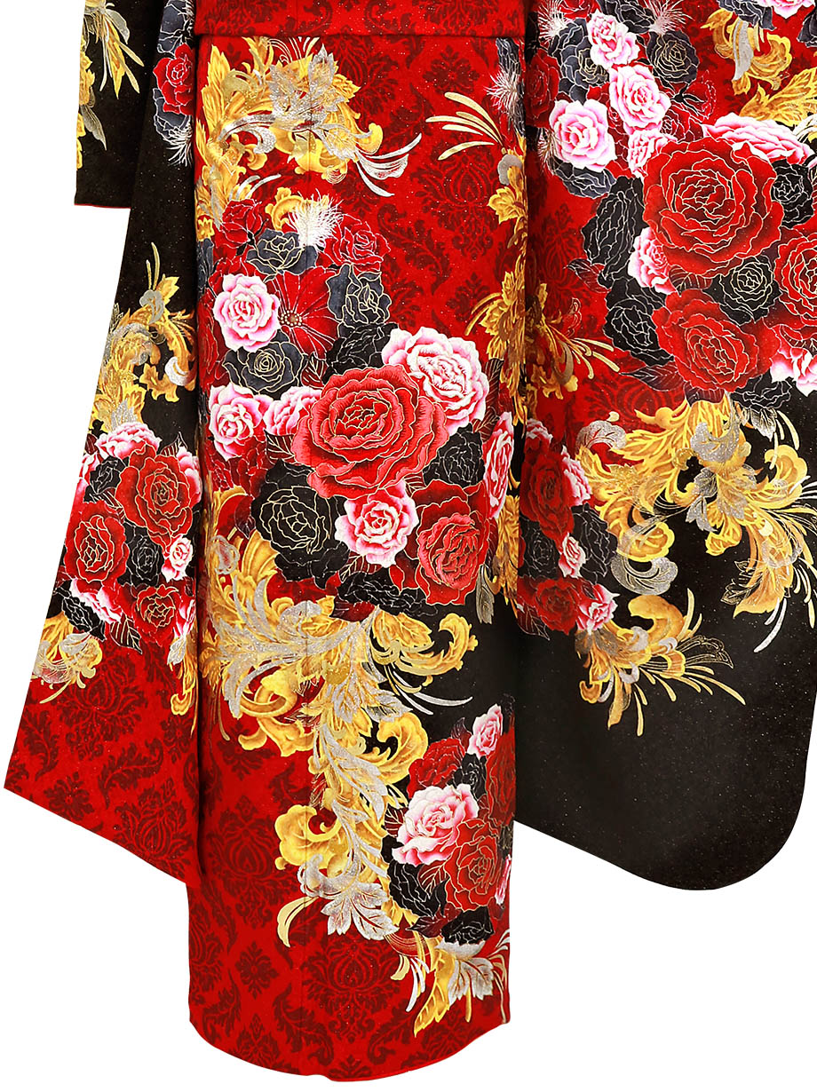 赤地に薔薇と百合の振袖／トールサイズ | 宅配着物レンタルの