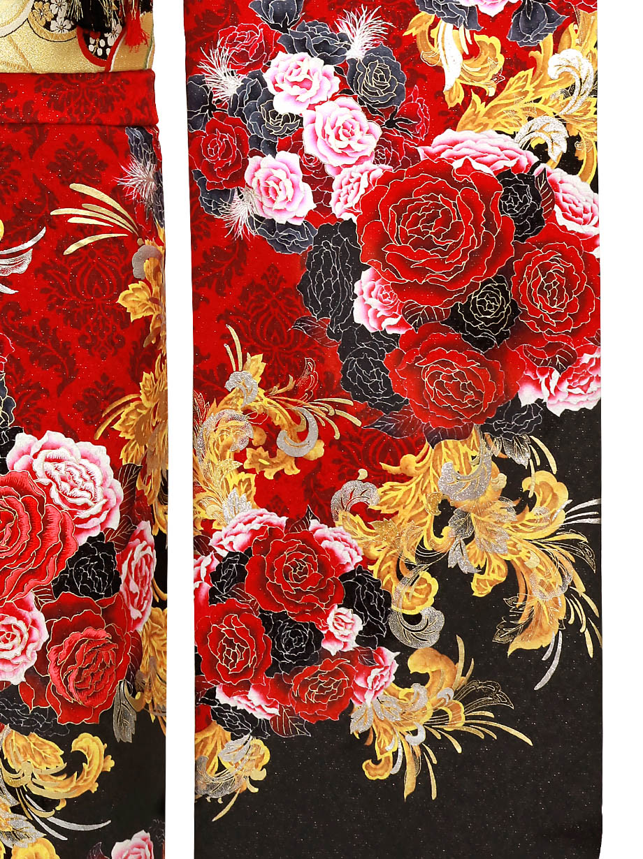 赤地に薔薇と百合の振袖／トールサイズ