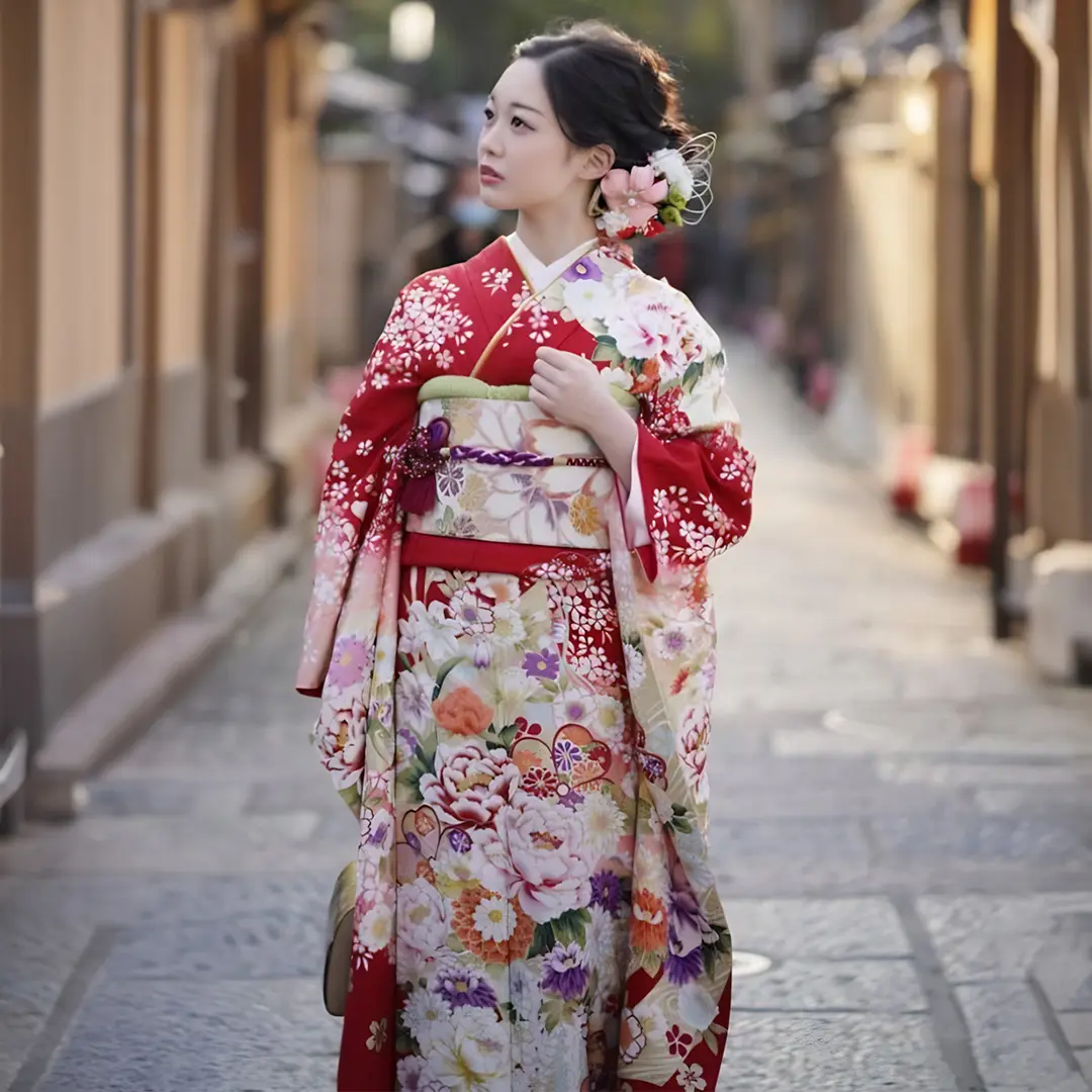 赤地に牡丹、菊と桜尽くしの振袖／標準サイズ／着用イメージ