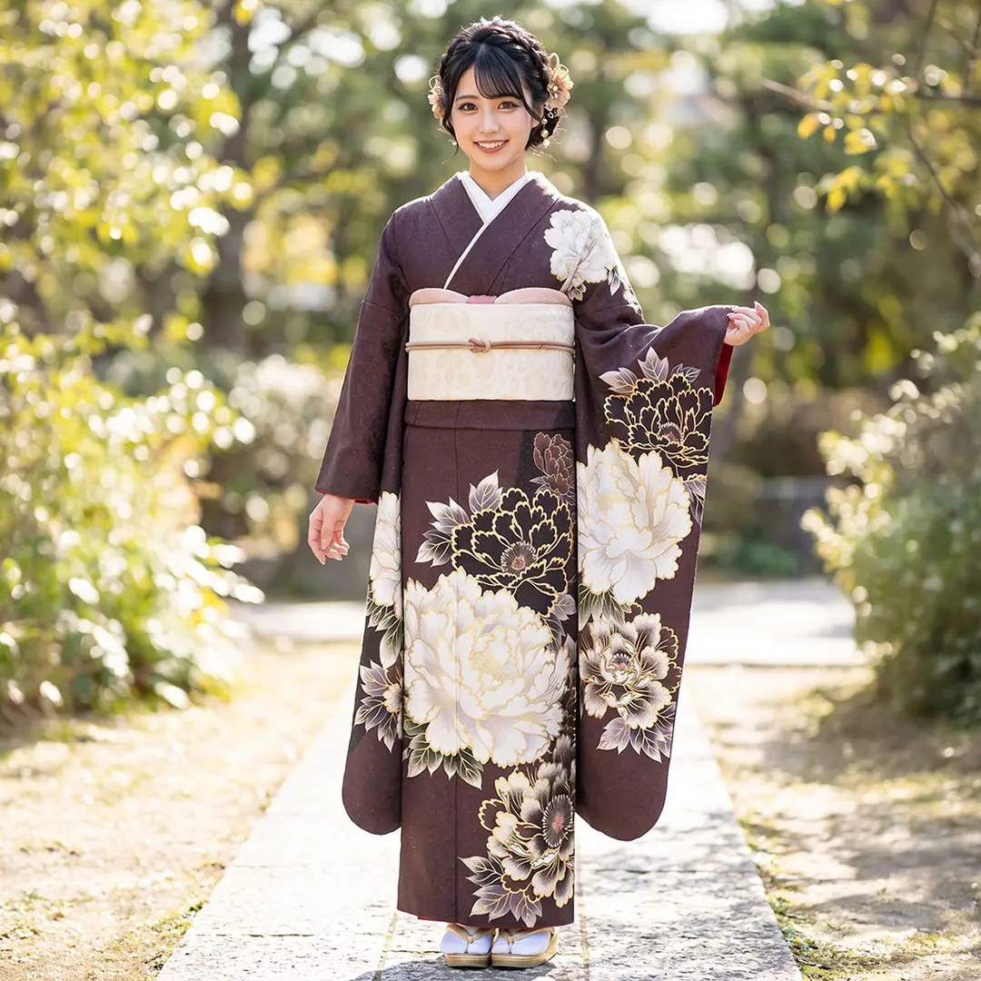 メ*ア様 黒地 引き振袖 金糸刺繍 牡丹 彩綾型地紋 しつけ付き コスプレ 前撮 黒紅と黒地に金糸の牡丹の振袖／標準サイズ | 宅配着物レンタルの京都