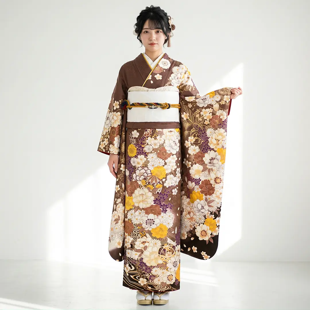 茶色地に牡丹、鞠と熨斗の振袖／標準サイズ／着用イメージ