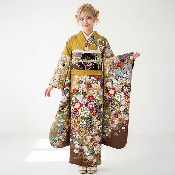 グレーと黄色の花柄裾引き帯セット　大衆演劇、着物 四季折々の花々と吉祥文様の振袖／標準サイズ | 宅配着物レンタルの