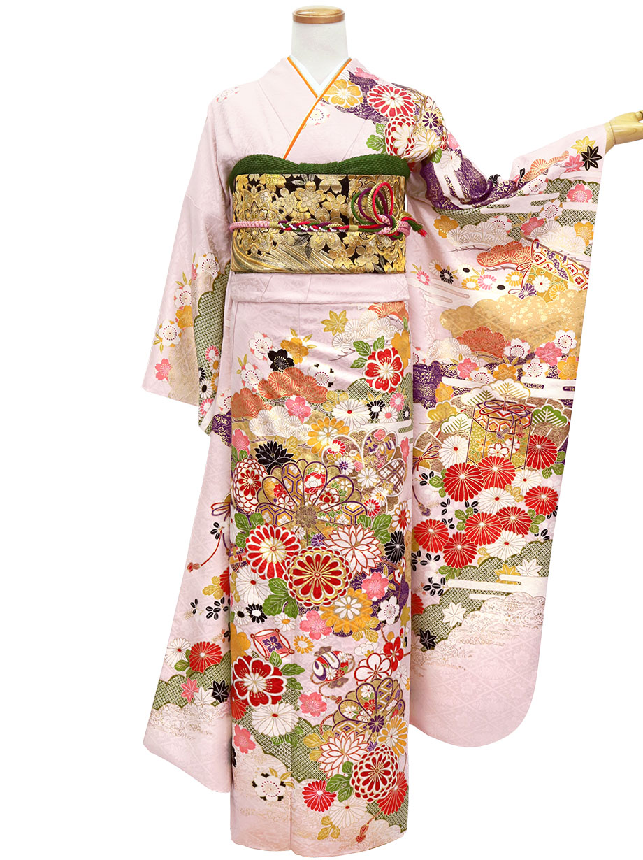 桜色の地に菊と松の振袖／標準サイズ | 宅配着物レンタルの京都かしきもの