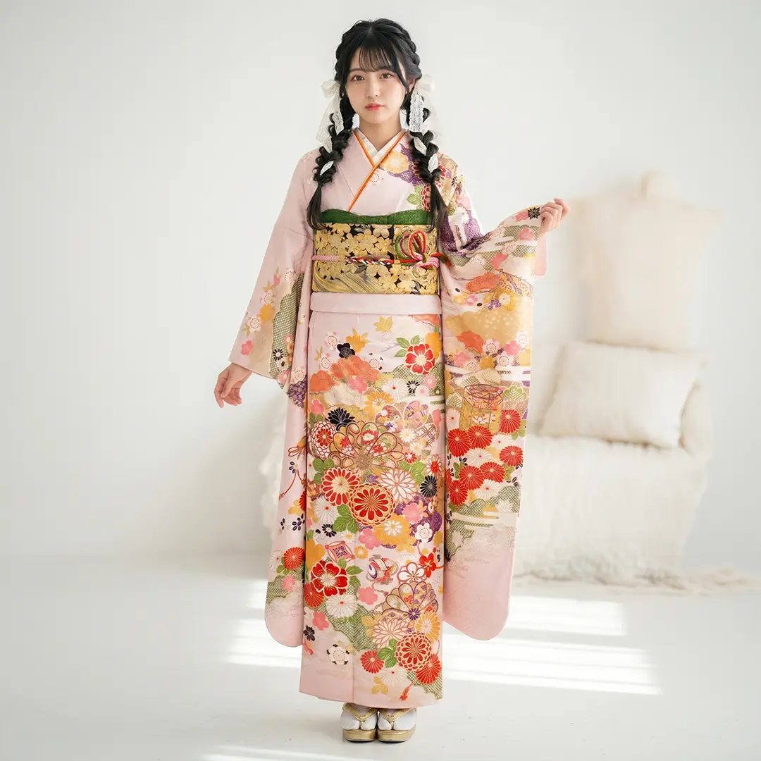 桜色の地に菊と松の振袖／標準サイズ／着用イメージ