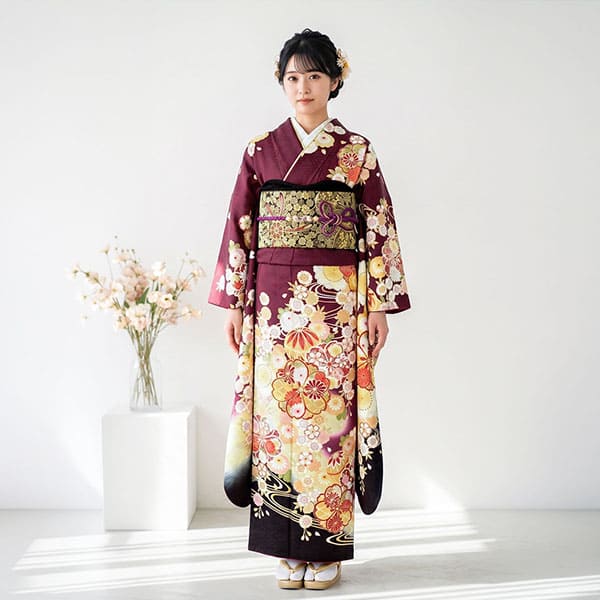 臙脂に流水、桜と鞠の振袖／標準サイズ
