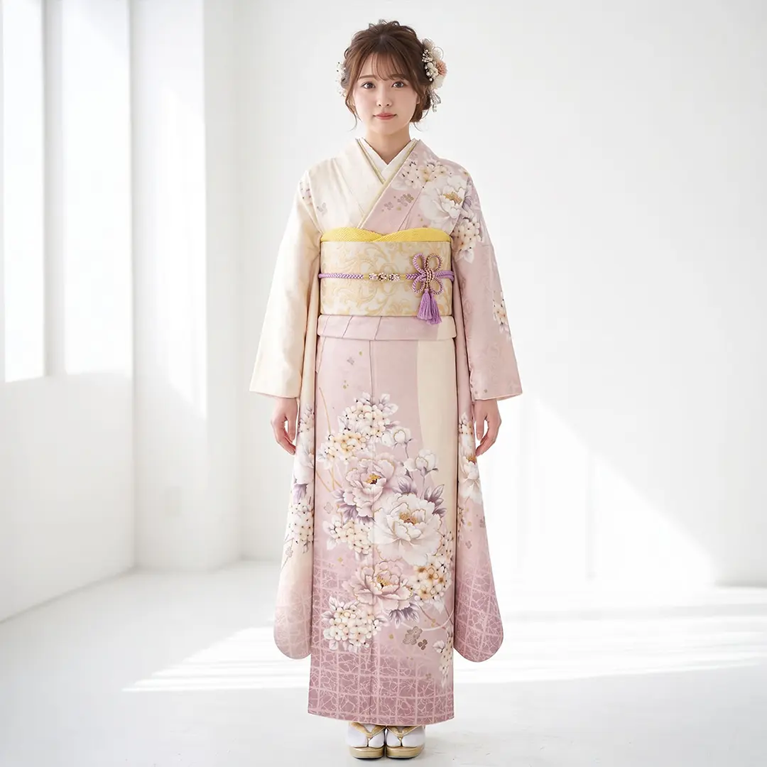 片身替わりの地色に牡丹と紫陽花の振袖／標準サイズ／着用イメージ