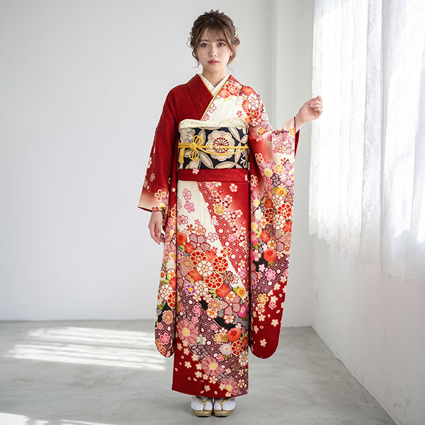 美品　本疋田　絞り　赤地　逸品　フルセット　振袖　振り袖(振袖・長襦袢のみ) 赤地に菊と桜尽くし疋田柄の振袖／標準サイズ | 宅配着物レンタルの