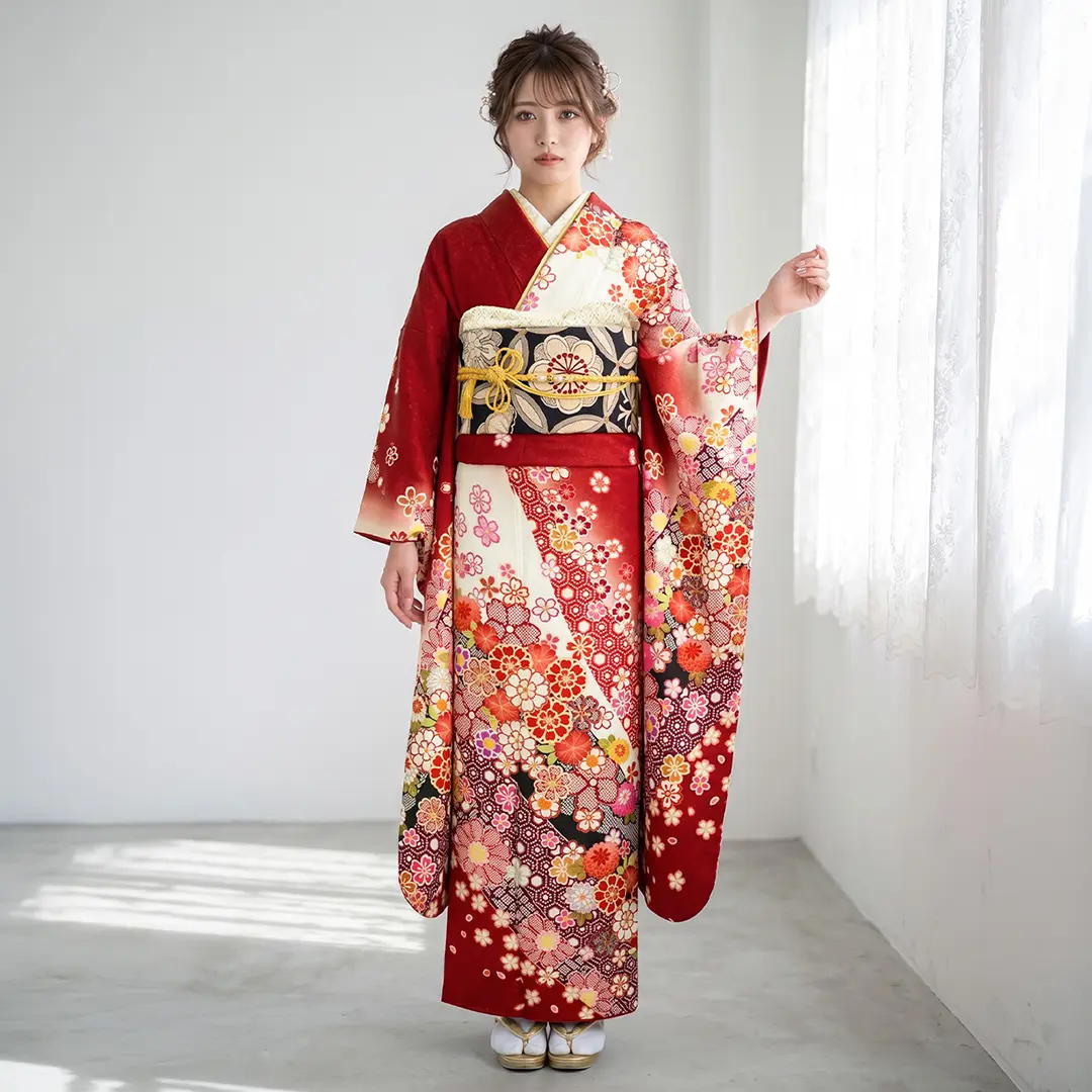 赤地に菊と桜尽くし疋田柄の振袖／標準サイズ／着用イメージ