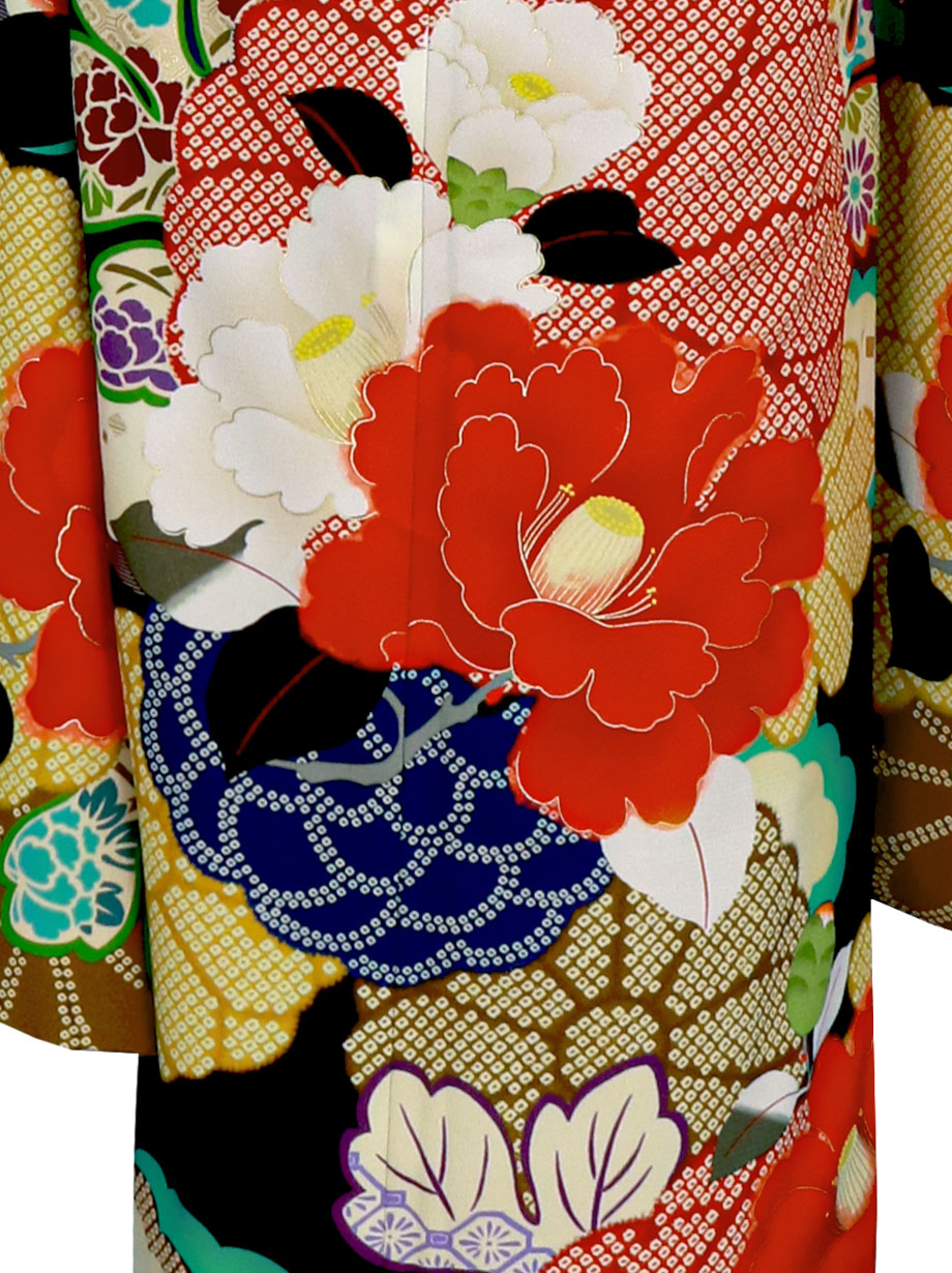 黒地に疋田菊と紅白椿の振袖／標準サイズ